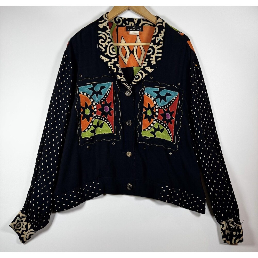 Vintage Carole Little Jacket Womens Medium Abstract Rayon Button Up Boho Art 90s